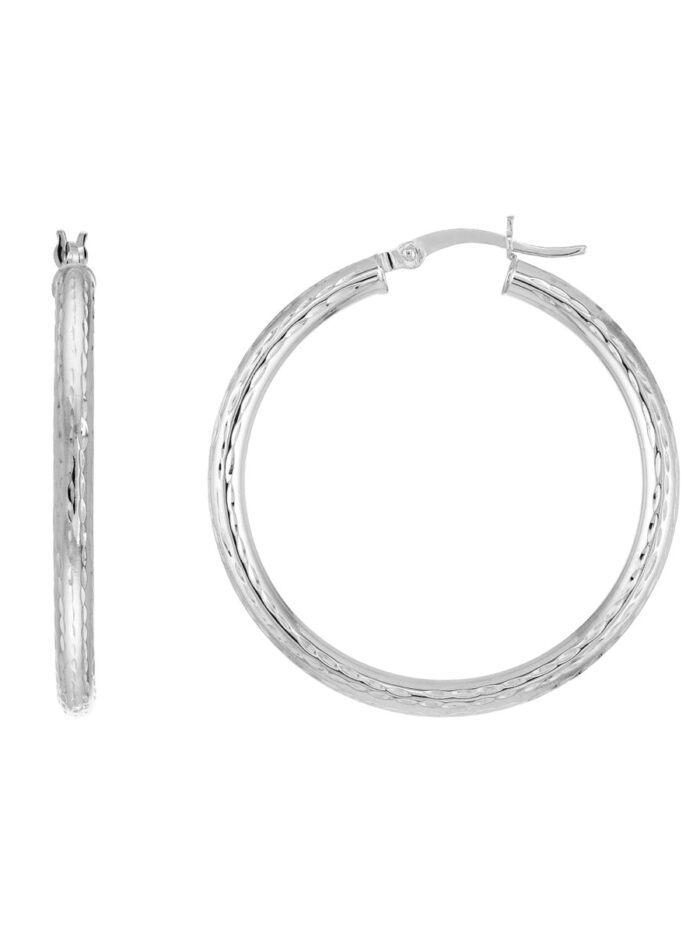 3x35mm Full Diamond-Cut Hoop Earrings - 14K White Gold - by Dazyle