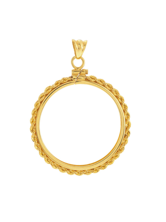14K Yellow Gold Kangaroo Coin Bezel - Rope Chain - For 1 Oz Coins - by Dazyle