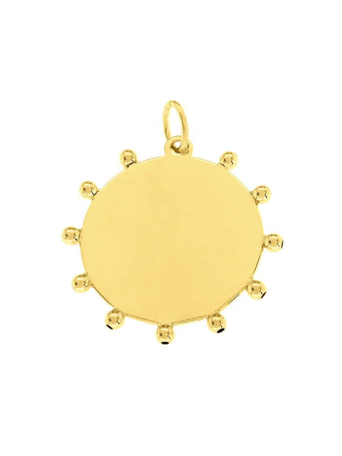 Engravable Bead Trimmed Disk Charm - 14K Yellow Gold Jump Ring Closure - by Dazyle