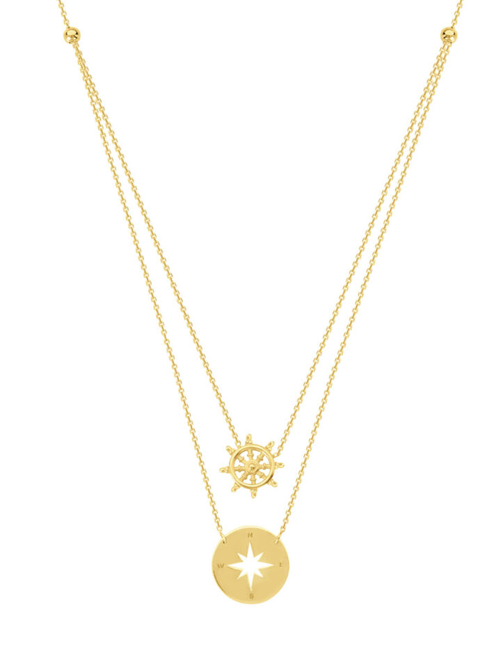 Wheel and Compass Layered Duo Adjustable Necklace - 14K Yellow Gold Cable Chain - 18 Inch - by Dazyle