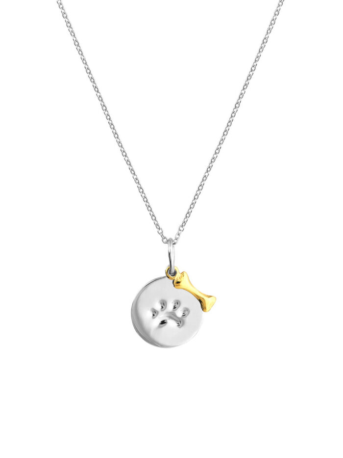 Paw Disc Necklace with Dog Bone - Sterling Silver With Yellow Gold 18 Inch - by Dazyle