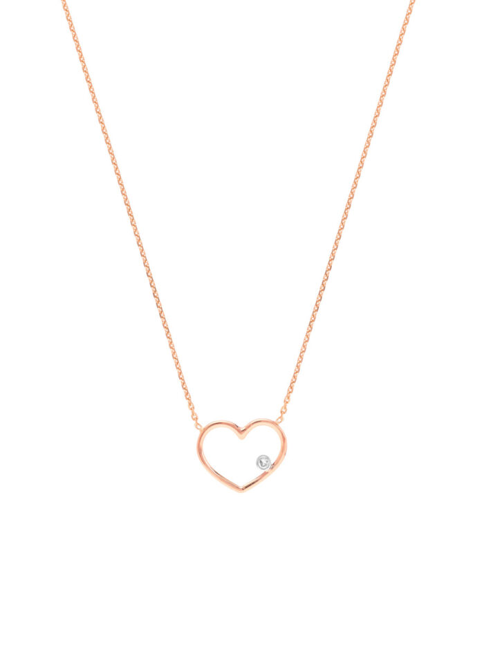 Rose Gold Open Wire Heart with Diamond Necklace - 14K Rose & White Gold - 16-18 Inches - by Dazyle