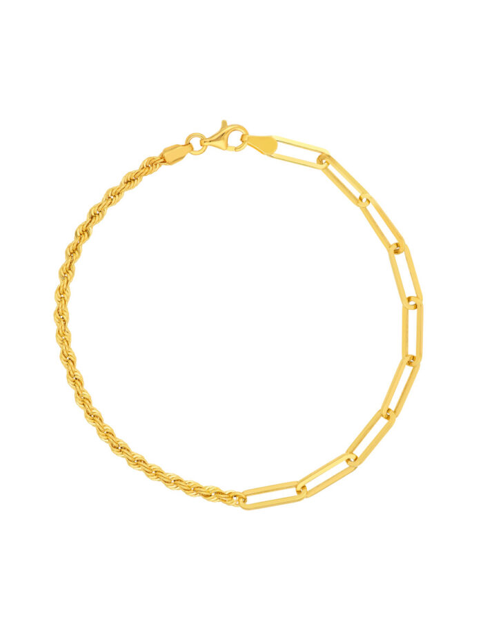 50/50 Paperclip and Rope Bracelet - 14K Yellow Gold 7.5 Inches - by Dazyle