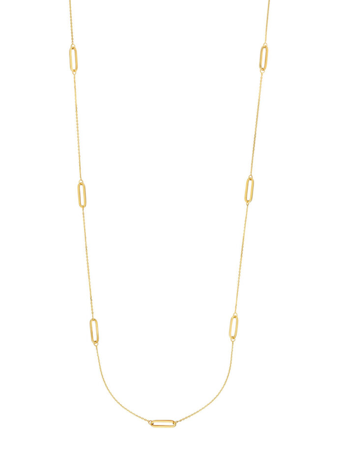 Long-Link Station Necklace - 14K Yellow Gold Diamond Cut Lobster Closure - 36 Inches - by Dazyle