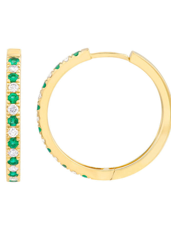 Emerald & Diamond Hoop Earrings (3/8tcw) - 14K Yellow Gold - 25mm - by Dazyle