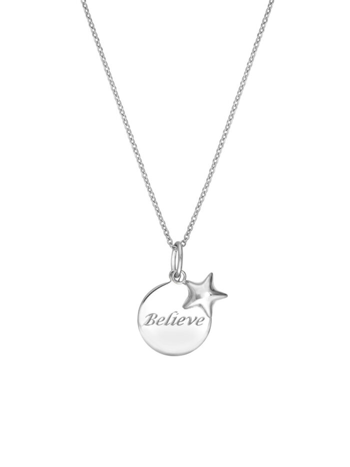 Sterling Silver "Believe" Disc Pendant Necklace with Puff Star Charm - Rhodium Plated - 18-Inch - by Dazyle