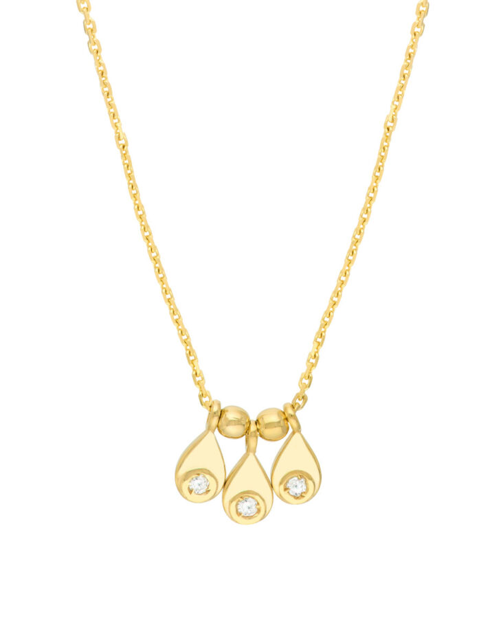 Mini Teardrop Dangle Trio and Bead Necklace - 14K Yellow Gold - 18 Inches - by Dazyle