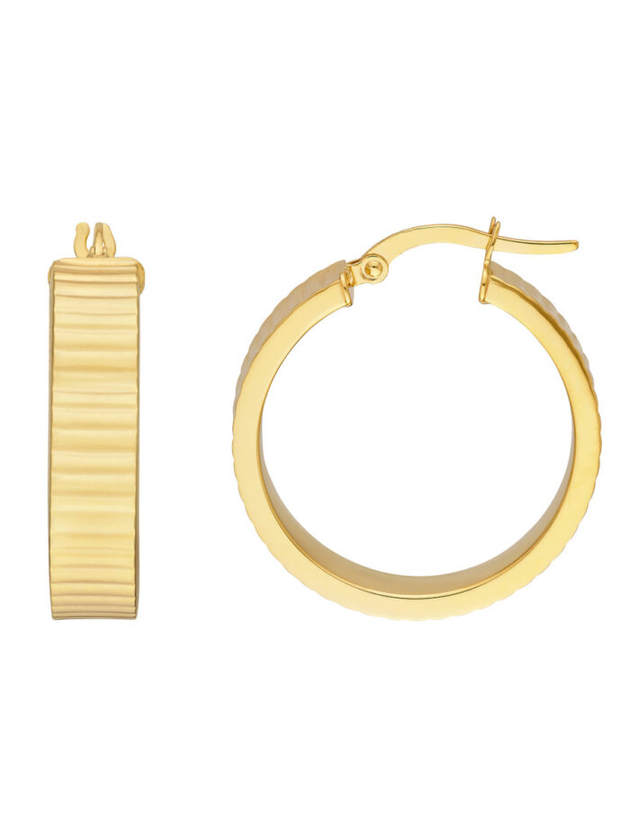 14K Yellow Gold 20mm Round Hoop Earrings Textured Hinge Closure - by Dazyle