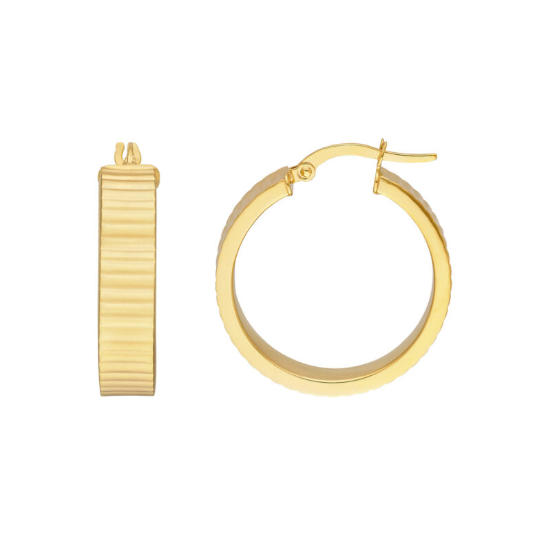 14K Yellow Gold 20mm Round Hoop Earrings Textured Hinge Closure - by Dazyle