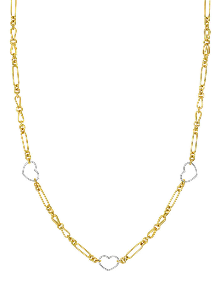 Two Tone Heart and Link Station Necklace - 14K Yellow & White Gold - 18 Inch - by Dazyle