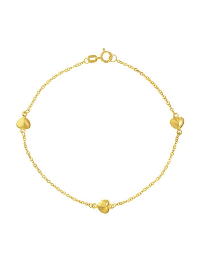 Puffy Heart Design 14K Yellow Gold 7.25 Inch Bracelet with Spring Ring Closure - by Dazyle