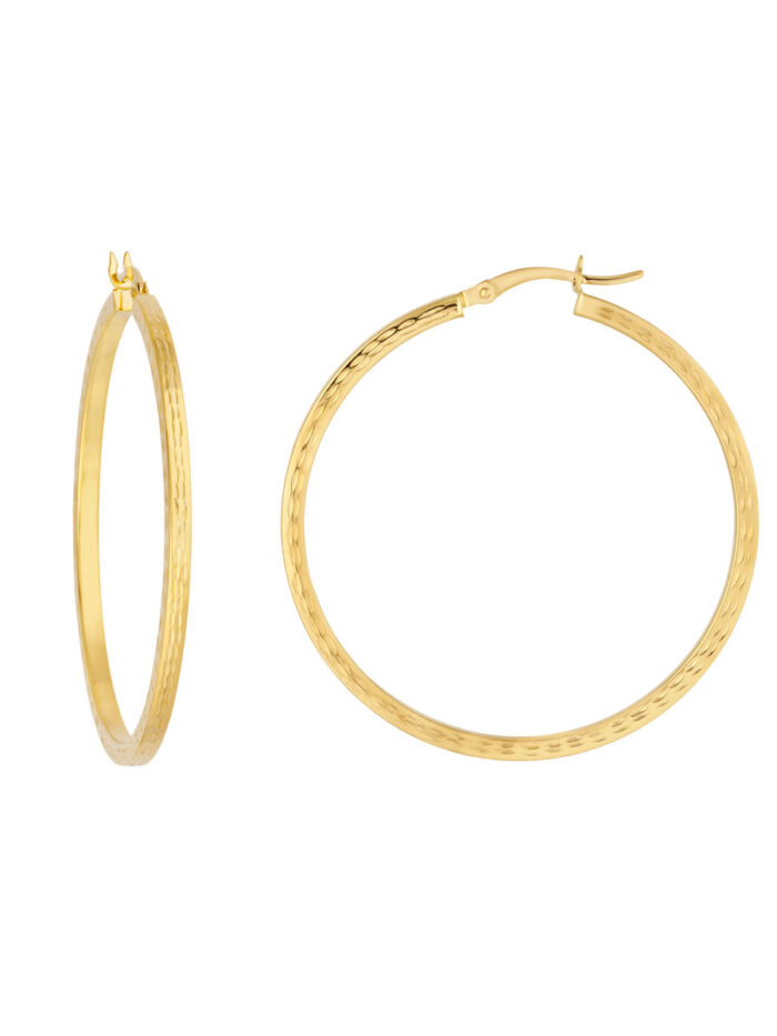 2 X 40mm Square Full Diamond-Cut Hoop Earrings - 14K Yellow Gold - by Dazyle