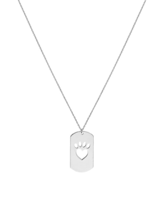 Plated Sterling Silver Dog Tag Necklace with Paw Singapore Chain Lobster Closure Engravable - Sterling Silver