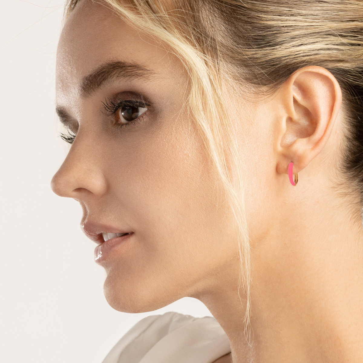 14K Yellow Gold Neon Pink Enamel 1/2 Polished Hoops - Hinge Closure - by Dazyle - Image 2
