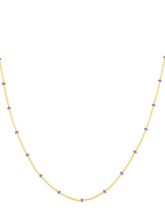 14K Yellow Gold Adjustable Saturn Chain with Pear Shape Lobster Closure - Lilac Enamel Beads - 16-18 Inches - by Dazyle