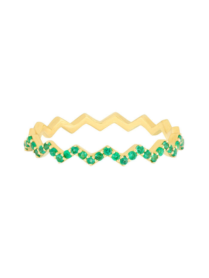 Emerald Stones Zig Zag Ring - 14K Yellow Gold - Size 6, 7, or 8 - by Dazyle