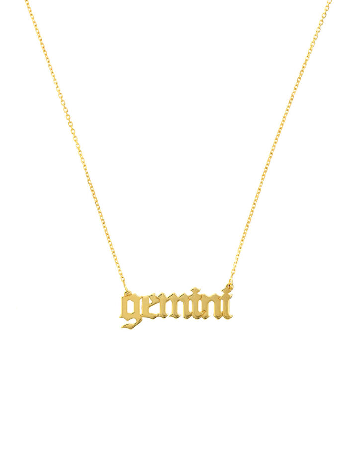 Gothic Gemini Nameplate Necklace - 14K Yellow Gold - 18 inch - by Dazyle