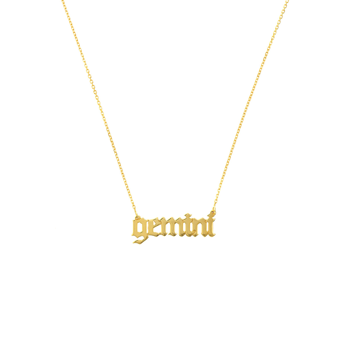 Gothic Gemini Nameplate Necklace - 14K Yellow Gold - 18 inch - by Dazyle