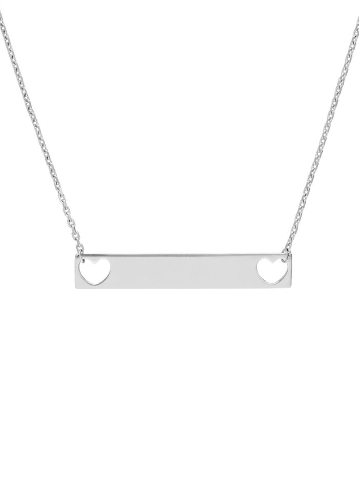 Adjustable Cable Chain Mini Bar Necklace with Hearts - Rhodium Plated Sterling Silver 18 Inch - by Dazyle