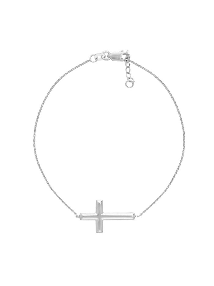 Sterling Silver Sideways Cross Bracelet - Lobster Closure - Adjustable 7.5 Inches - by Dazyle
