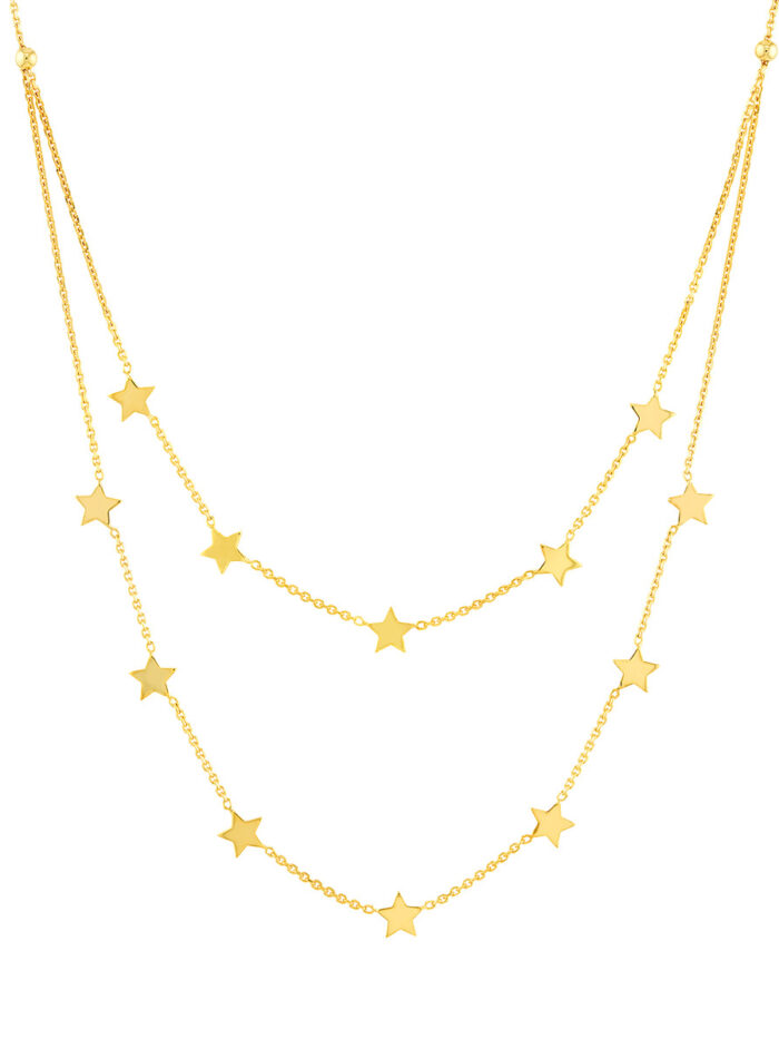 Double Strand Star Station Adjustable Necklace - 14K Yellow Gold 16-18 Inch - by Dazyle
