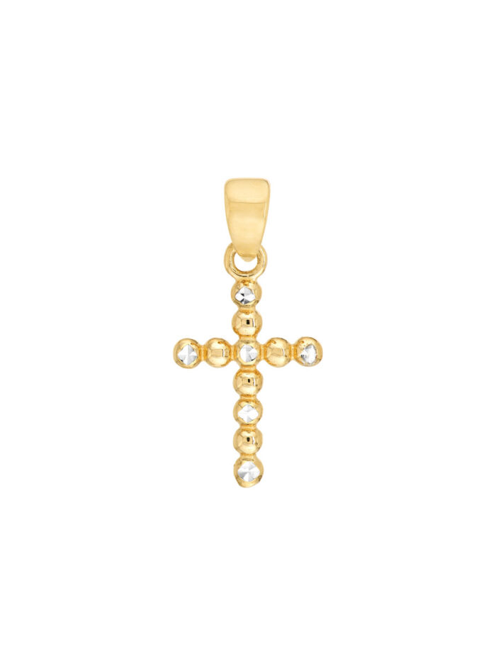 Two-Tone Diamond-Cut Beaded Cross Pendant - 14K Yellow & White Gold - by Dazyle