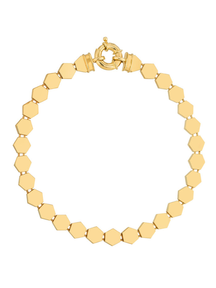 Polished Hexagonal Flat Link Bracelet - 14K Yellow Gold 7.5 Inches - by Dazyle