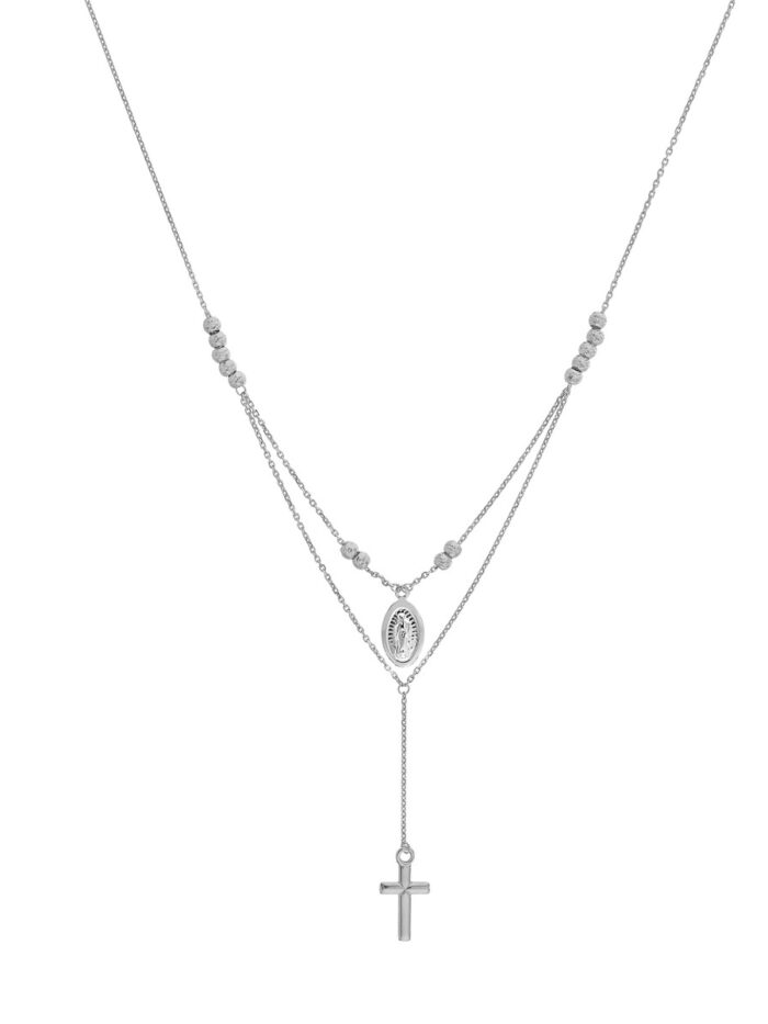 Sterling Silver Virgin Mary & Cross Drop Adjustable Choker - by Dazyle