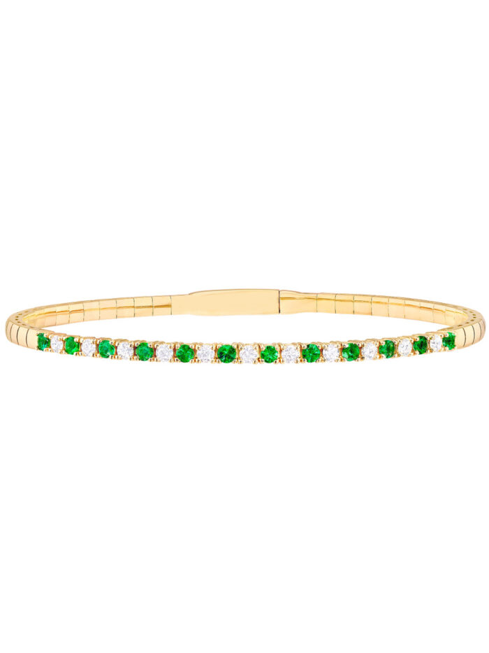 Emerald & Diamond Flexi Tennis Bangle - 14K Yellow Gold - 7.0 inch - by Dazyle