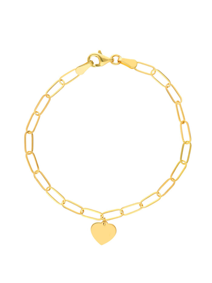 Heart Charm Paper Clip Bracelet - 14K Yellow Gold - 7.5 Inches - by Dazyle