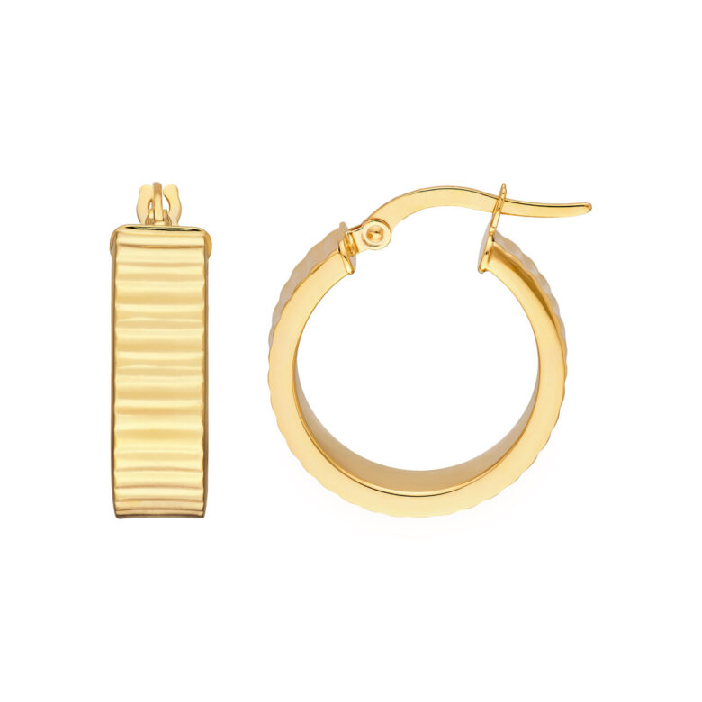 14K Yellow Gold 15mm Round Hoop Earrings Textured Hinge Closure - by Dazyle