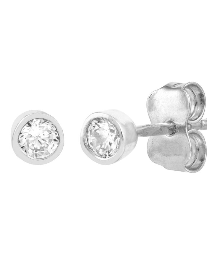 CZ Bezel Stud Earrings 14K White Gold 3mm - by Dazyle