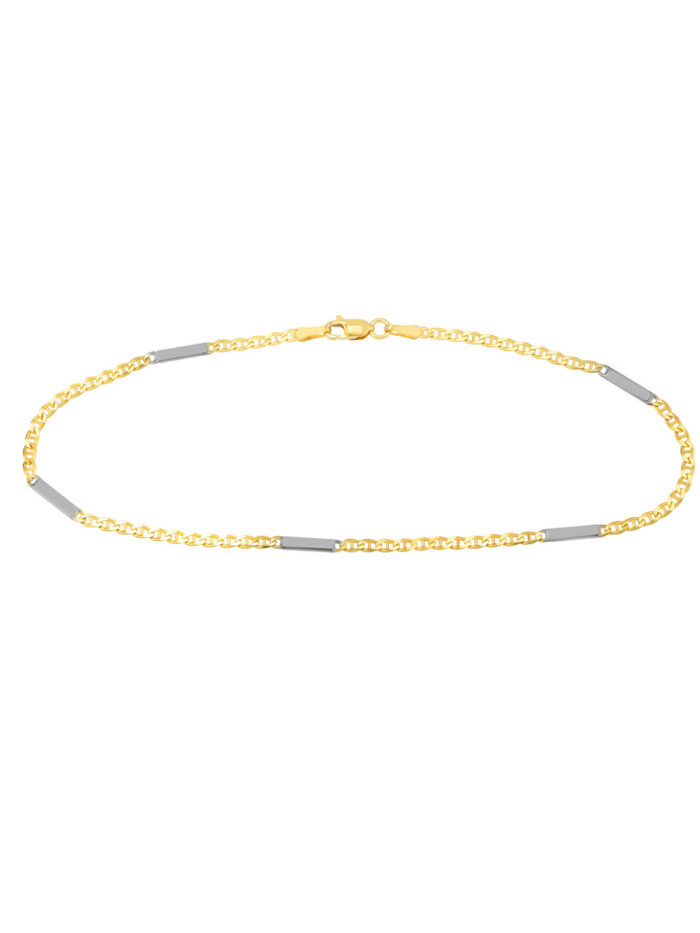 Two-Tone Mariner Chain Anklet with Staple Bars - 14K Yellow & White Gold 9.5 Inch - by Dazyle