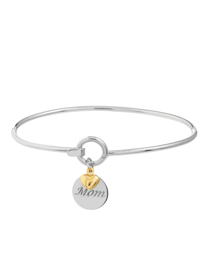 Sterling Silver Mom Bangle with 14K Gold Heart Dangle - Sterling Silver With Yellow Gold - by Dazyle