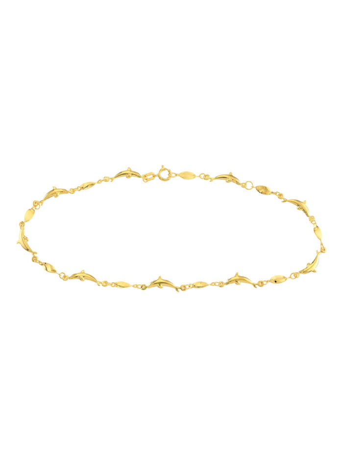 Marquise Twist Adjustable Dolphin Charm Anklet - 9 to 10 Inches - 14K Yellow Gold - by Dazyle