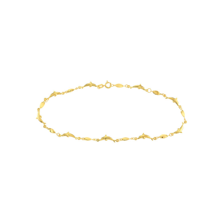 Marquise Twist Adjustable Dolphin Charm Anklet - 9 to 10 Inches - 14K Yellow Gold - by Dazyle