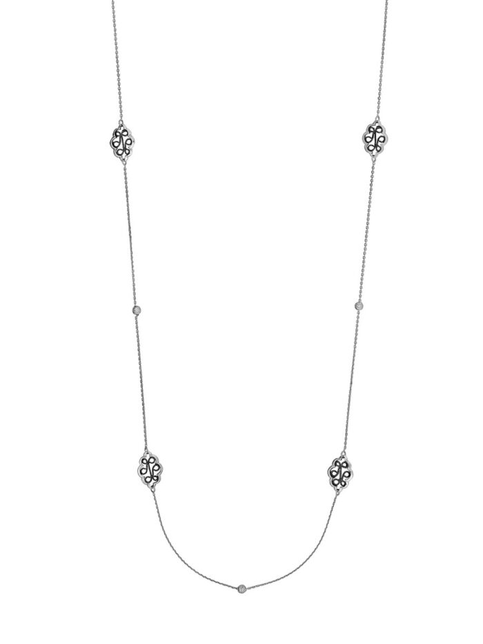 White/Black Filigree Station Long & Love Necklace - Sterling Silver - 36 Inch - by Dazyle