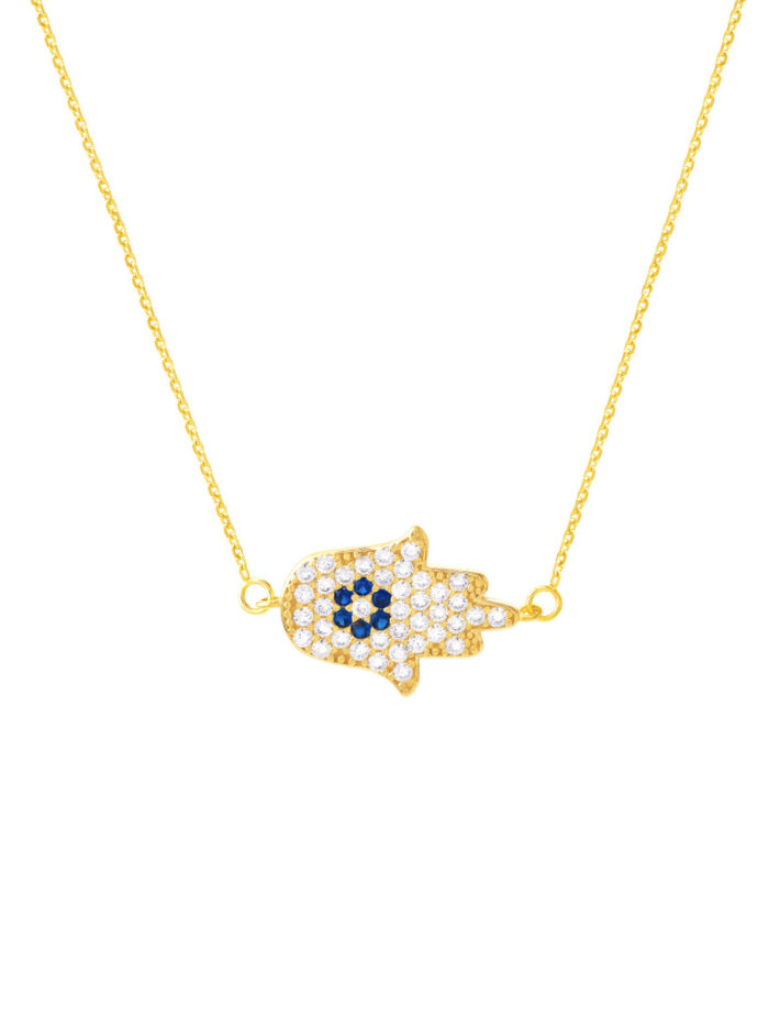 CZ Hamsa Hand Adjustable Necklace - 14K Yellow Gold - by Dazyle