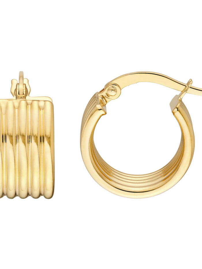 14K Yellow Gold Small Round Ribbed Hoops Textured Hinge Closure - by Dazyle