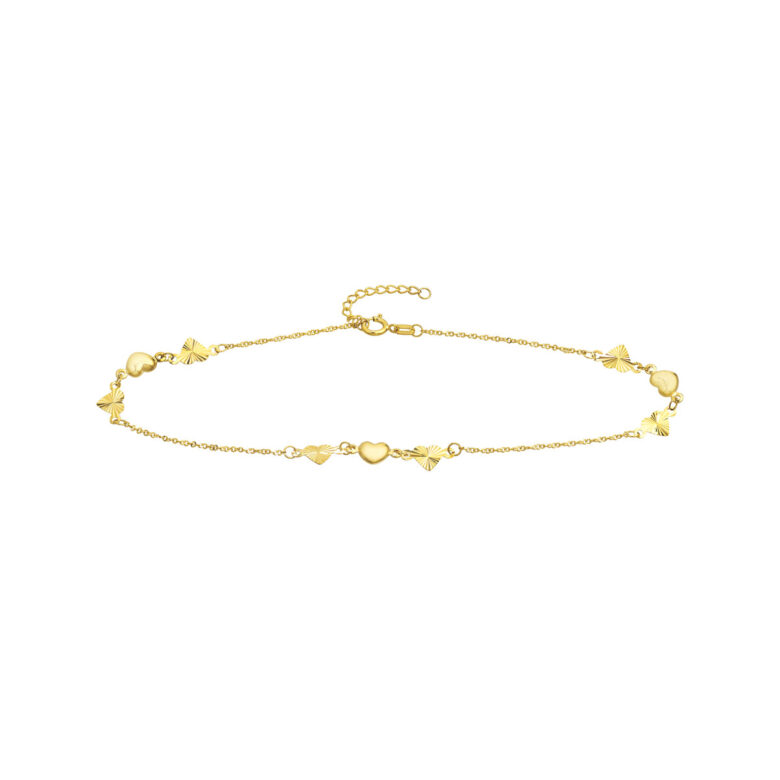 14K Yellow Gold Adjustable Anklet Polished and Fluted Hearts - 10" - by Dazyle