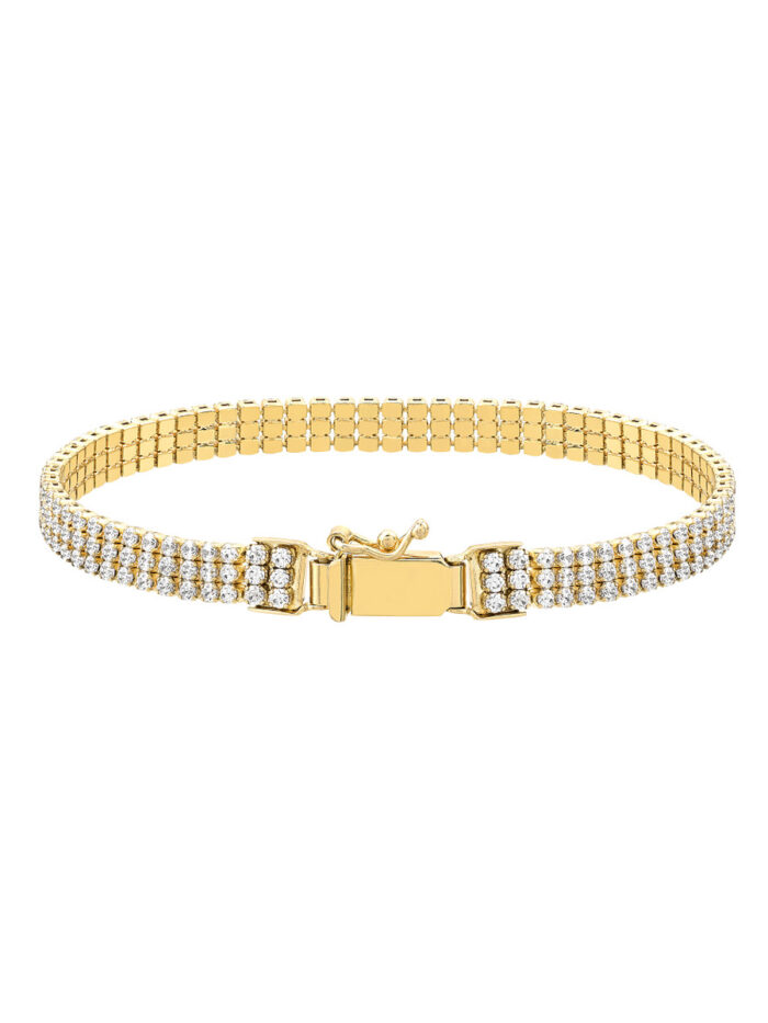 Sterling Silver Plated 14K Yellow Gold Triple CZ Row Bracelet - Yellow Gold Plated Sterling Silver - 7.25 Inch - by Dazyle