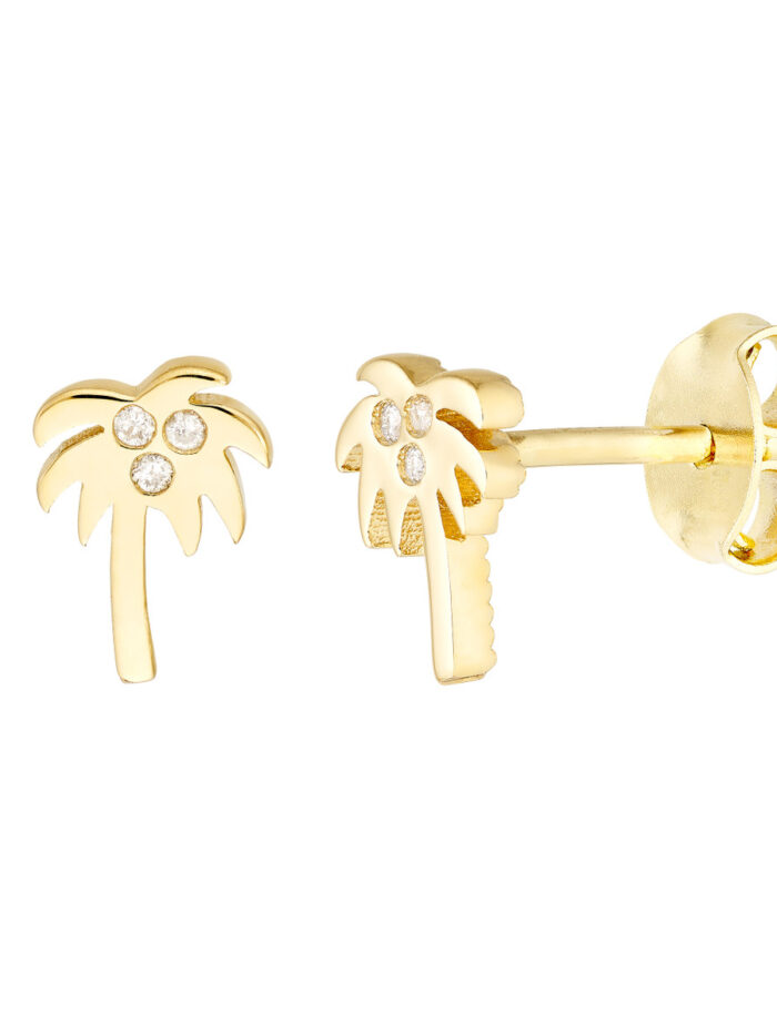 Diamond Palm Tree Stud Earrings - 14K Yellow Gold - by Dazyle