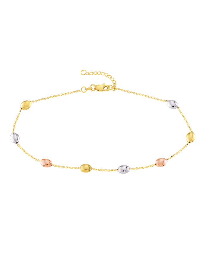 Tri-Color Satin and Polished Bead Adjustable Anklet - 14K Three Tone Gold 10 inches - by Dazyle