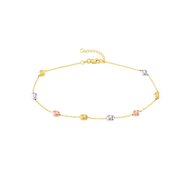 Tri-Color Satin and Polished Bead Adjustable Anklet - 14K Three Tone Gold 10 inches - by Dazyle
