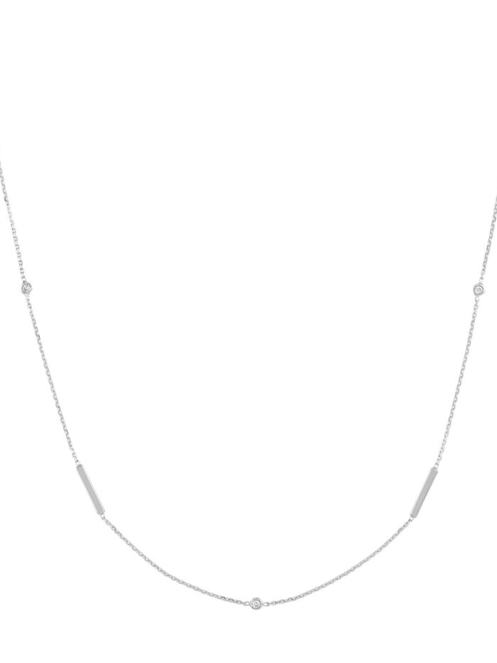 14K White Gold Diamond Bezel and Bar Station Necklace - 20 Inches - by Dazyle