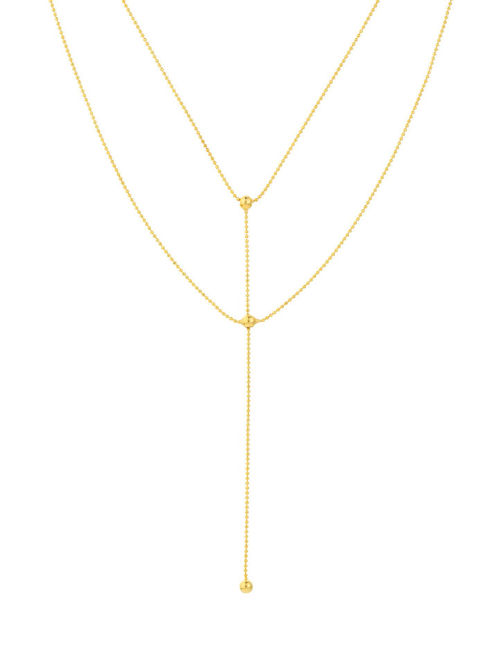 Two-Stranded Connecting Bead Dangle Necklace - 14K Yellow Gold 17-inch Cable Chain - by Dazyle