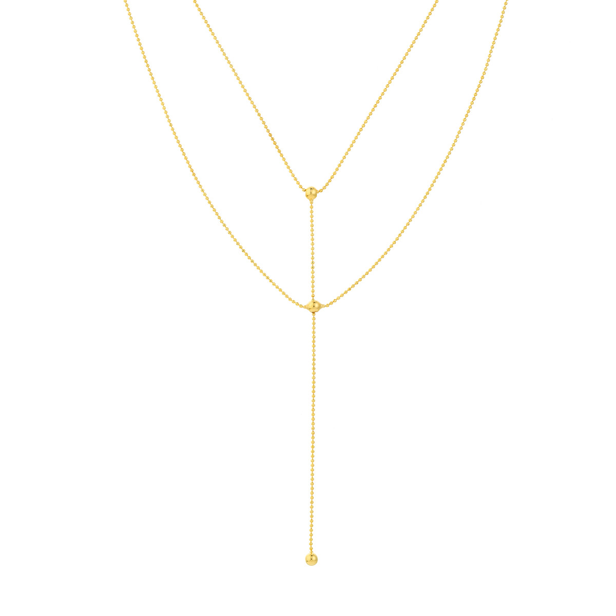Two-Stranded Connecting Bead Dangle Necklace - 14K Yellow Gold 17-inch Cable Chain - by Dazyle
