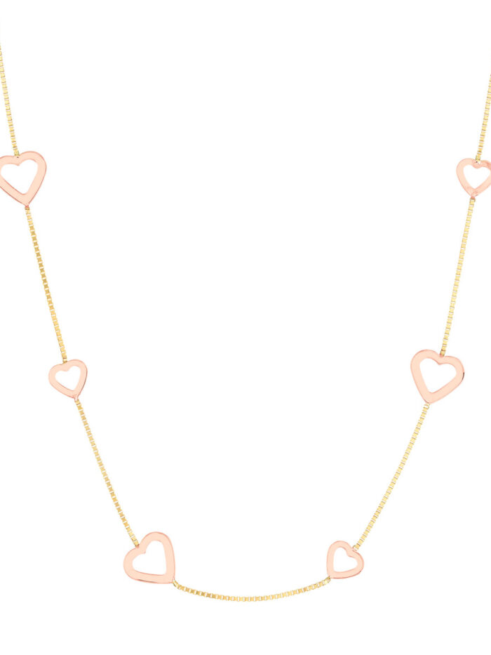 Two-Tone Open Heart on Box Chain Necklace - 14K Yellow & Rose Gold - 17 Inch - by Dazyle