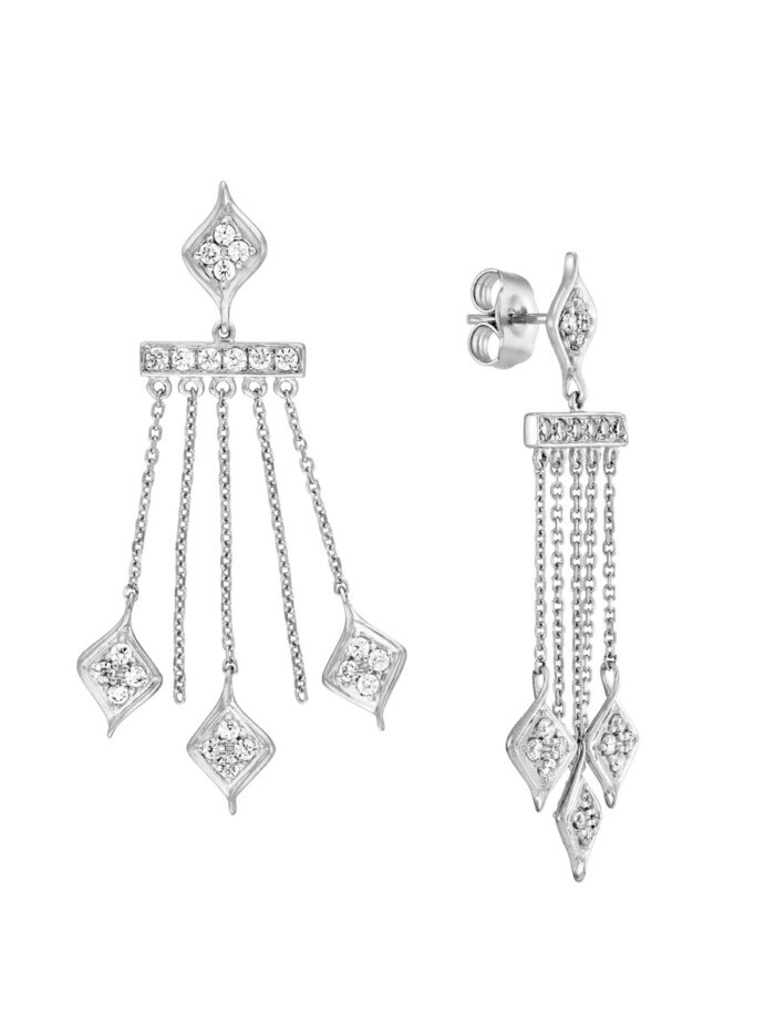 Sterling Silver Diamond-Shaped CZ Chandelier Dangle Earrings - Elegant Rhodium Plated - by Dazyle