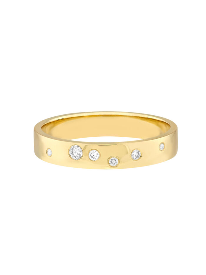 Scattered Diamond Polished Band - 14K Yellow Gold - by Dazyle
